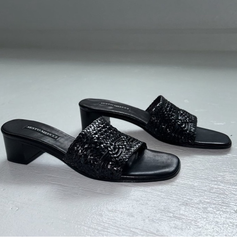 Sesto Meucci Leather Woven Slide Wedge Sandals Sz 8‎ Black